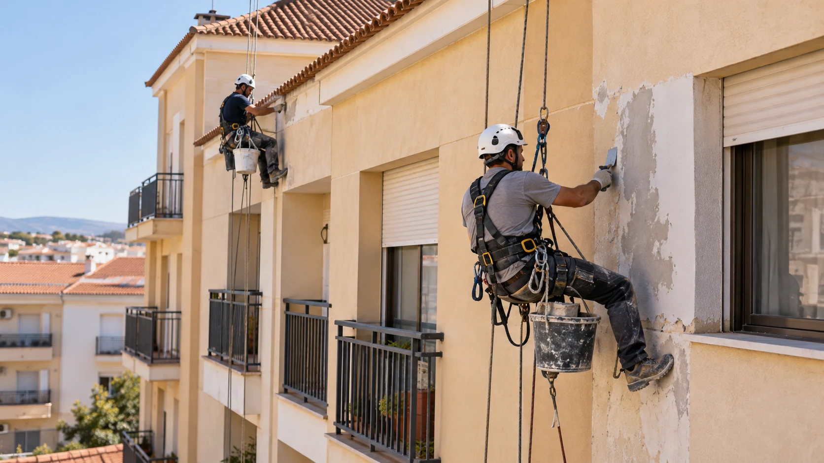 Equipo reparando fachada de comunidad